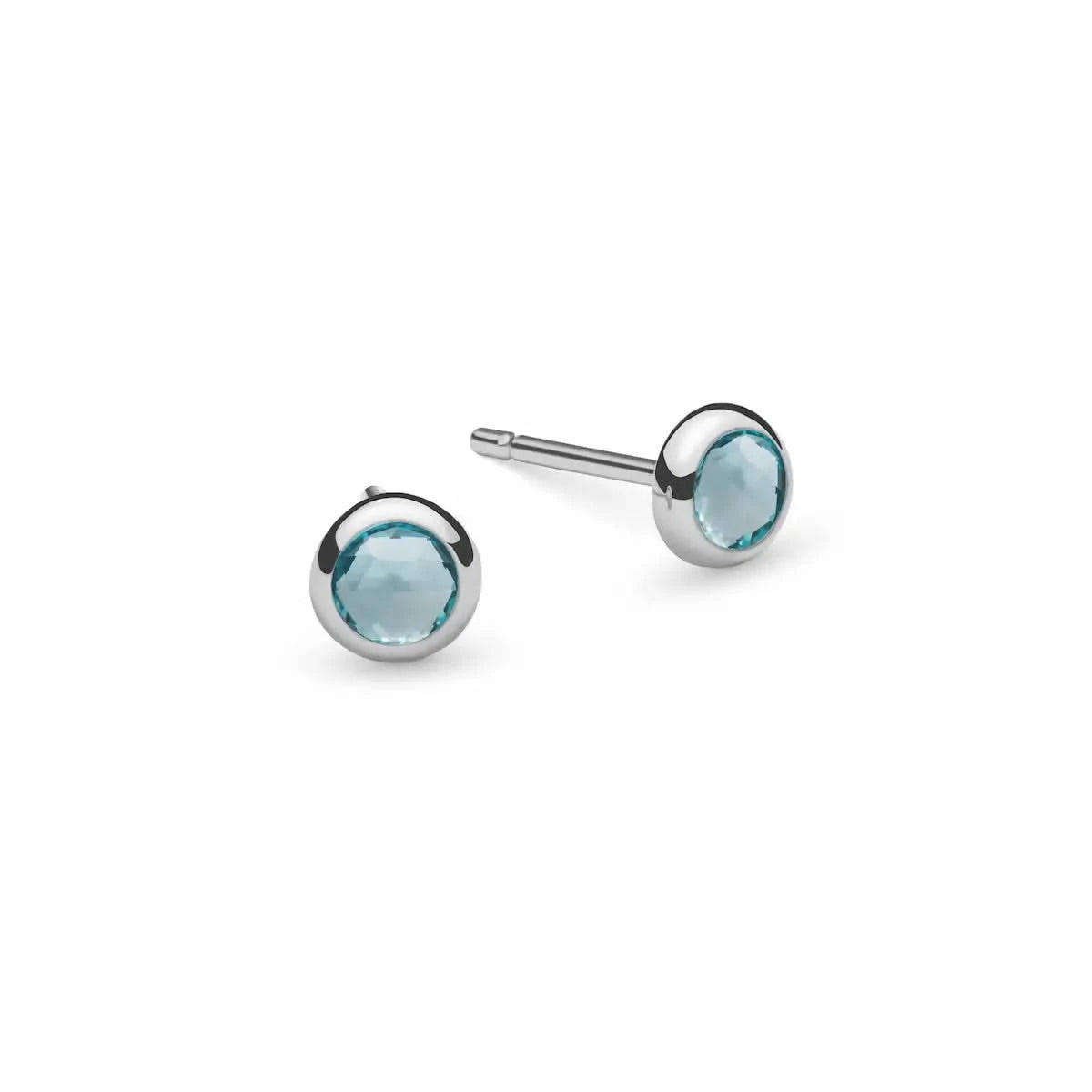 Pair of Birthstone Stud Earrings featuring 4 mm briolette cut Blue Topaz bezel set in 14k white gold - front view