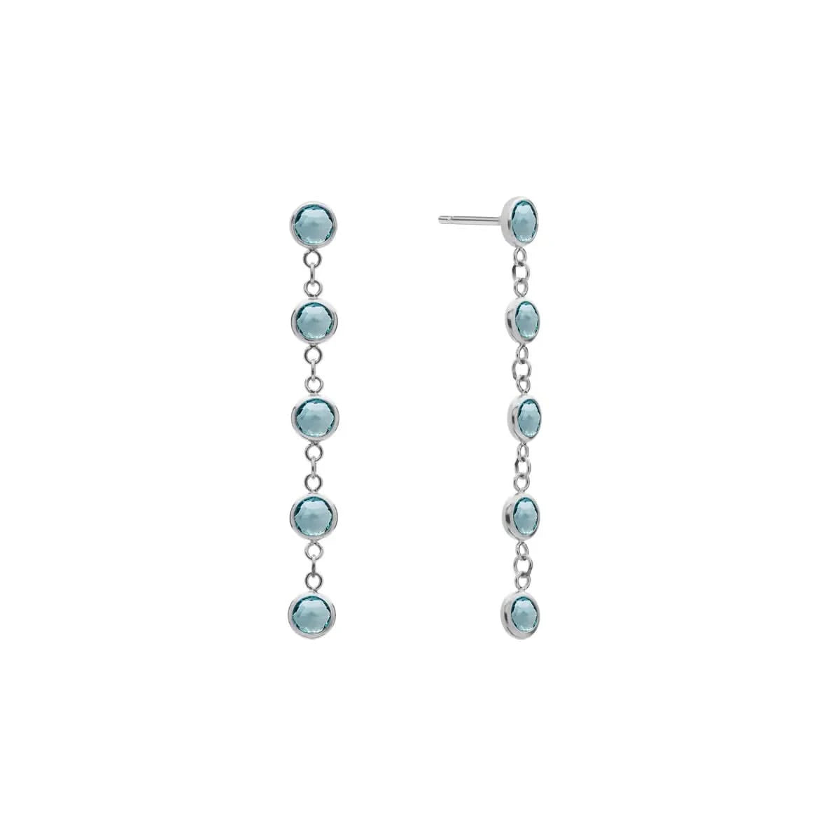 A pair of Newport earrings each featuring five 4 mm briolette cut Nantucket blue topaz bezel set in 14k white gold