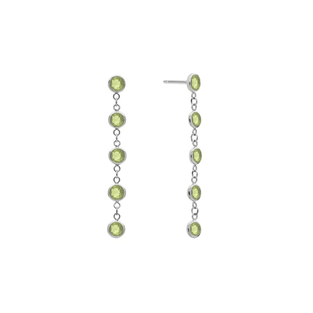 A pair of Newport earrings each featuring five 4 mm briolette cut peridots bezel set in 14k white gold