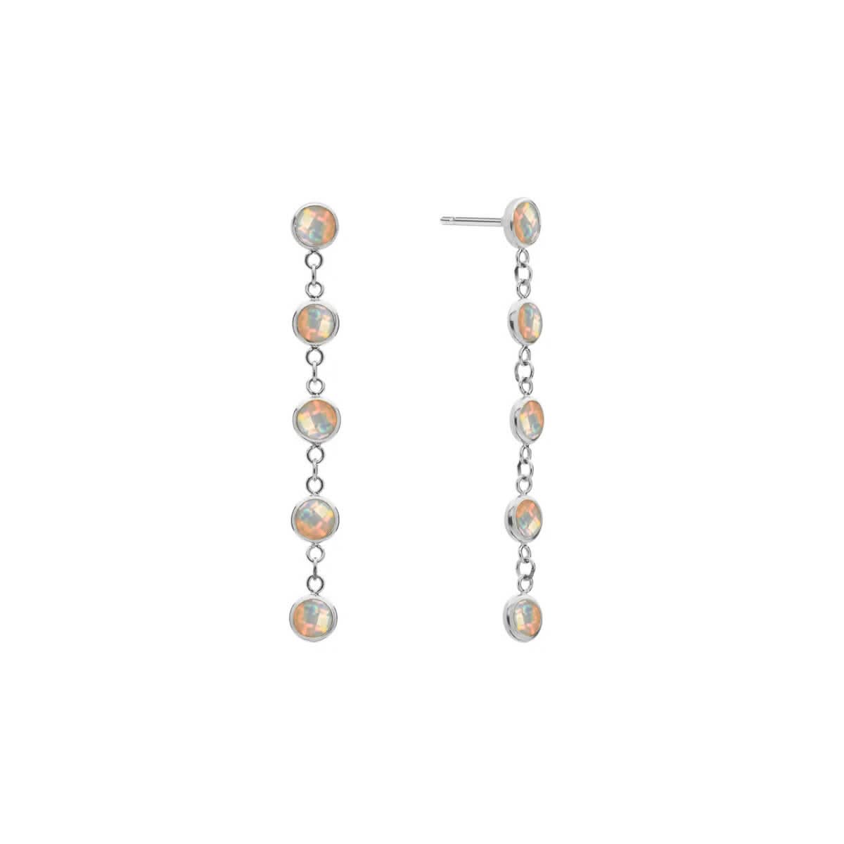 A pair of Newport earrings, each featuring five 4 mm briolette-cut opals bezel set in 14k white gold