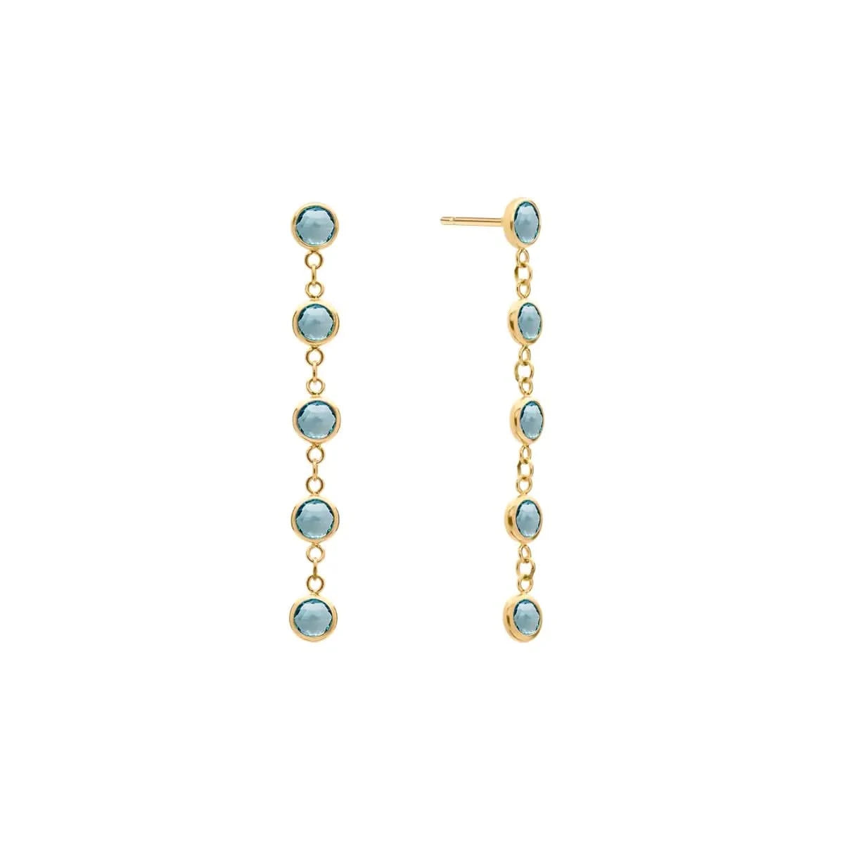 A pair of Newport earrings each featuring five 4 mm briolette cut Nantucket blue topaz bezel set in 14k yellow gold
