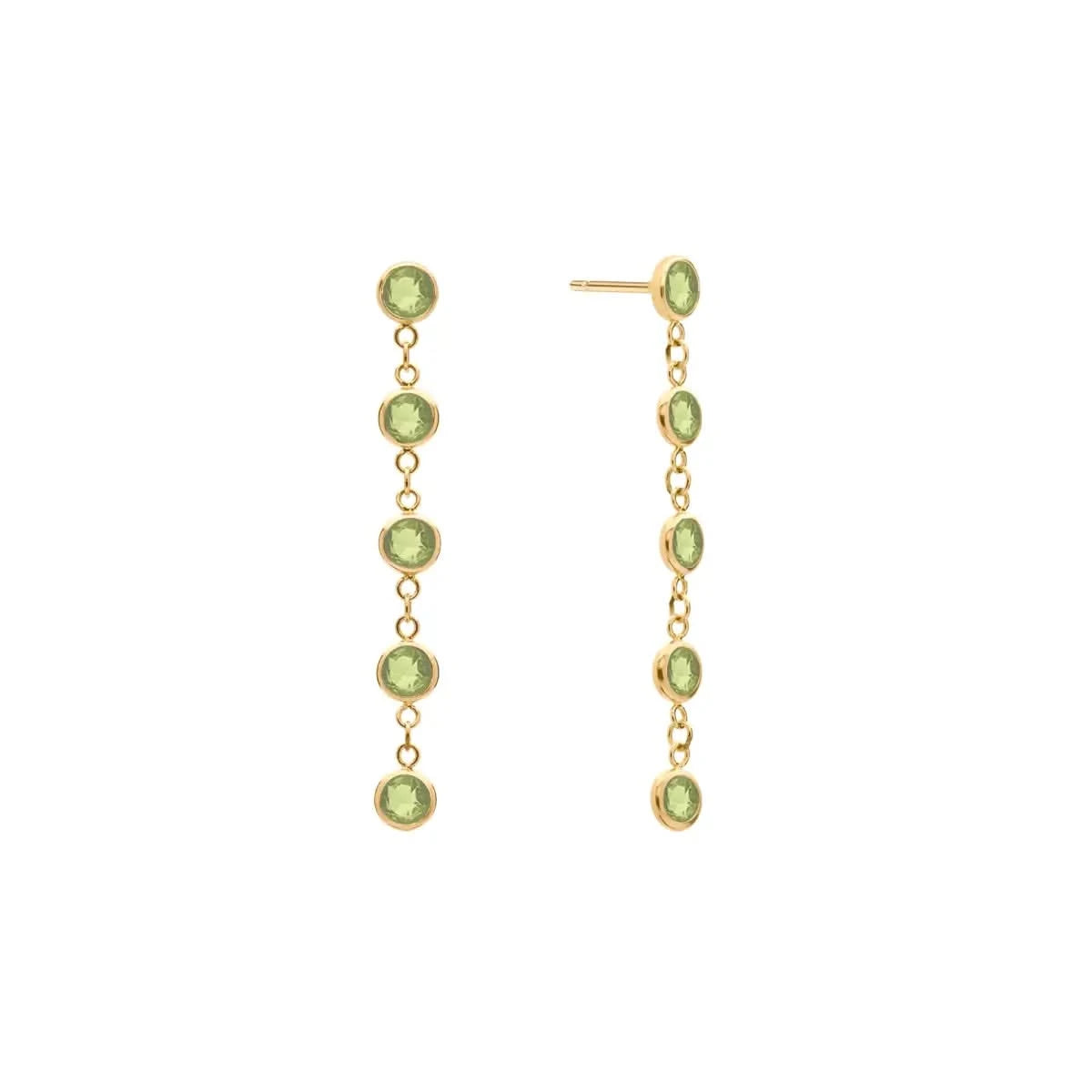 A pair of Newport earrings each featuring five 4 mm briolette cut peridots bezel set in 14k yellow gold