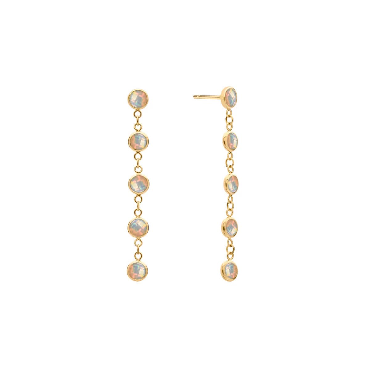 A pair of Newport earrings, each featuring five 4 mm briolette-cut opals bezel set in 14k yellow gold