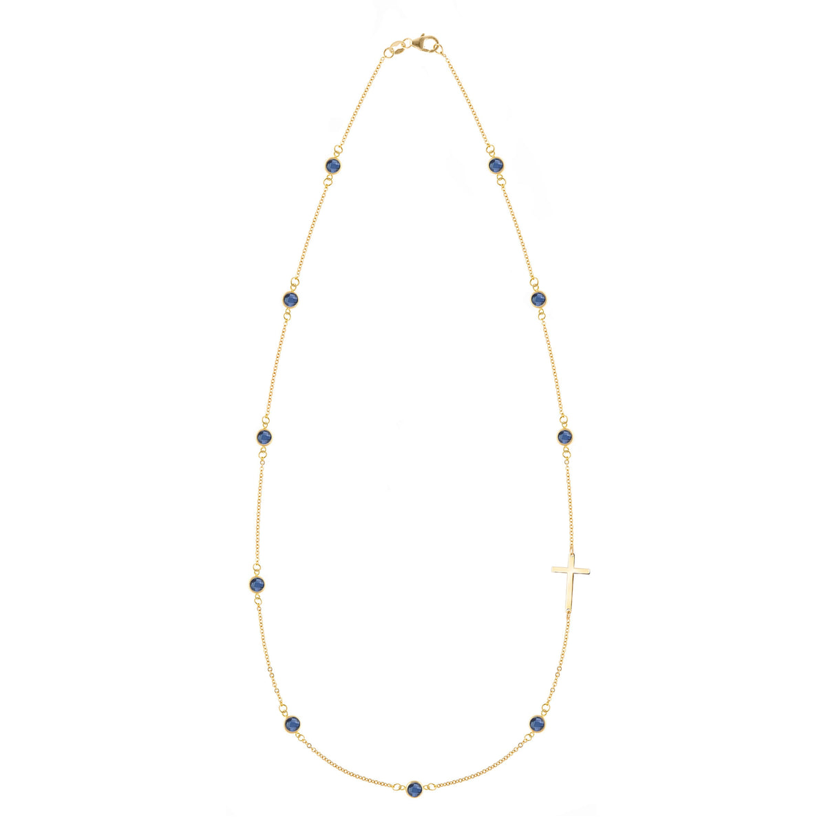 Bayberry Sapphire Birthstone Cross Necklace in 14k Gold (September)
