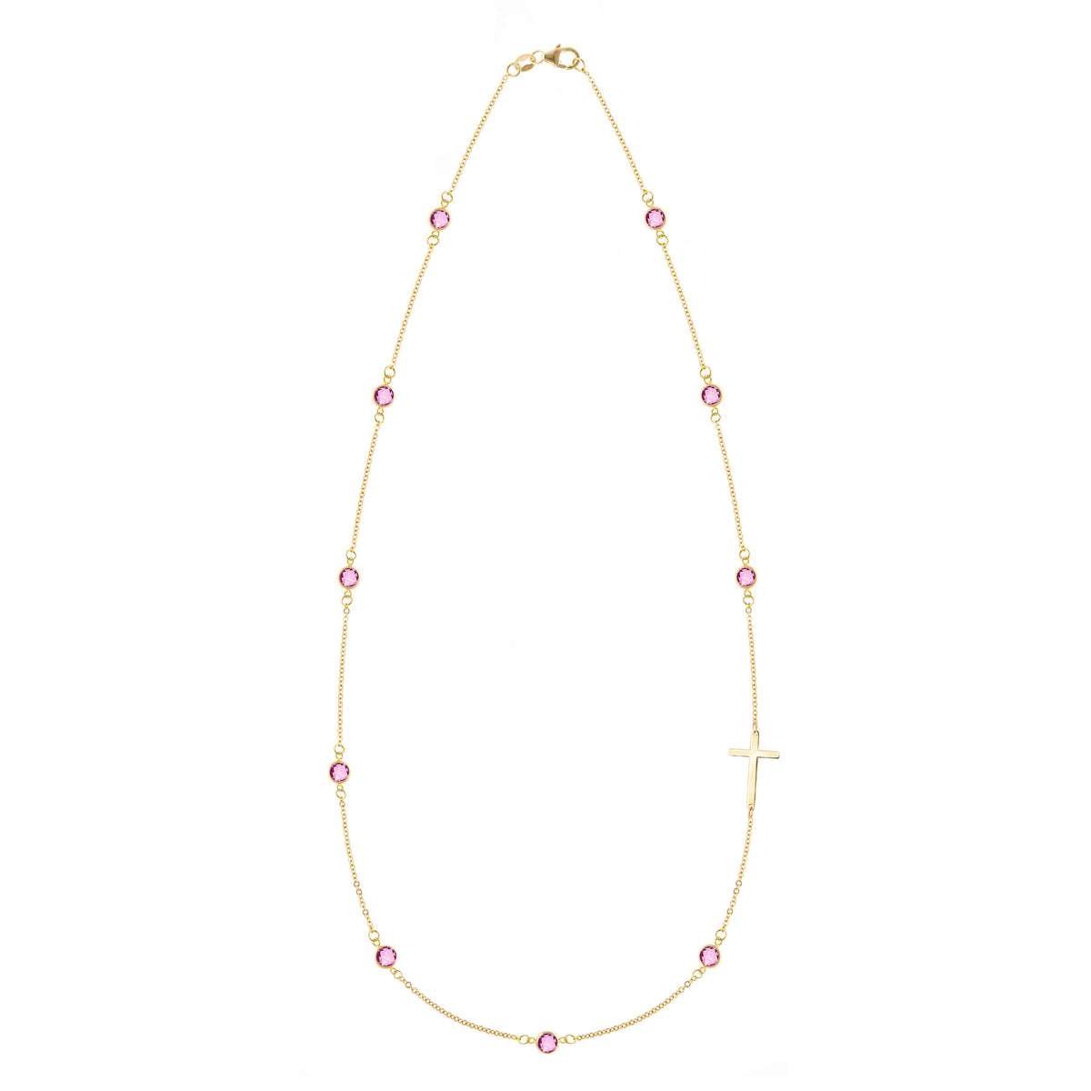 Bayberry Pink Sapphire Birthstone Cross Necklace in 14k Gold (October)