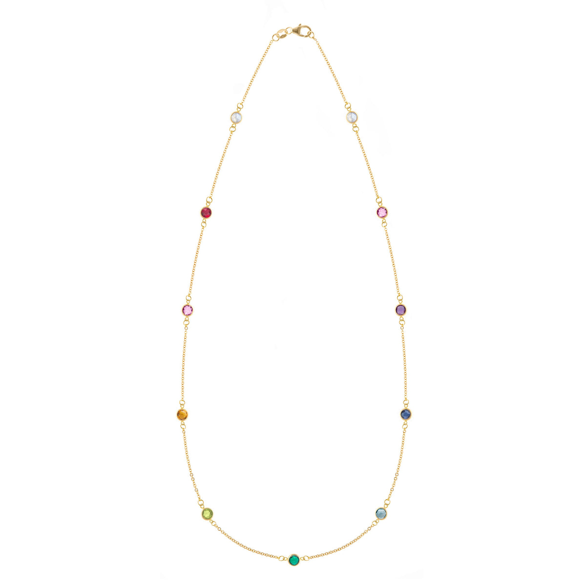 Rainbow Bayberry 11 Birthstone necklace featuring eleven 4 mm rainbow hued gemstones bezel set in 14k gold - front view