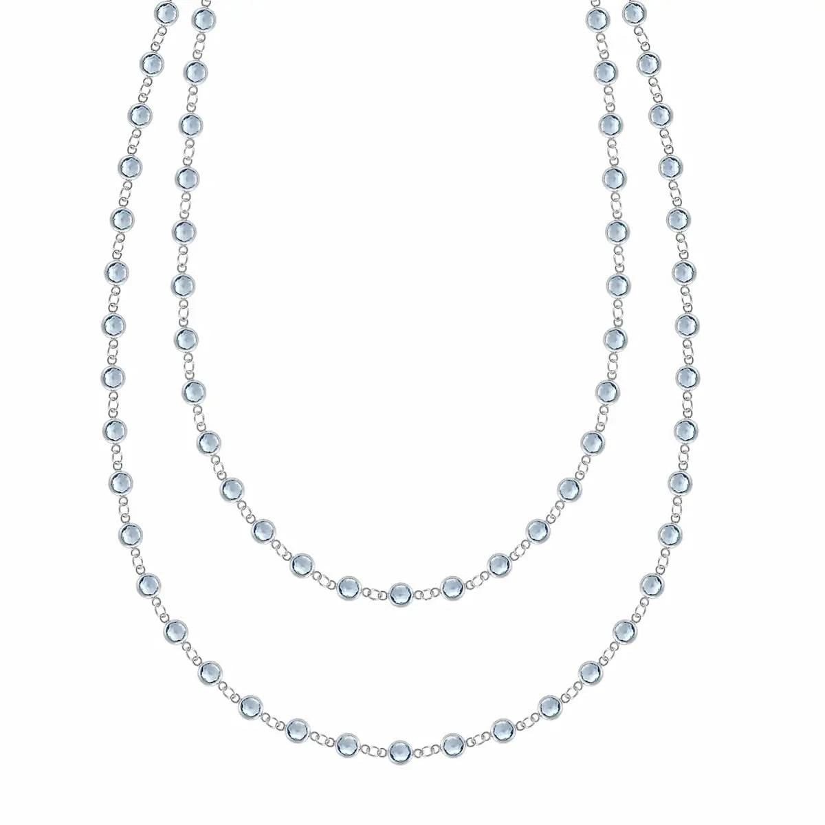 Newport Wrap necklace featuring 4 mm briolette cut aquamarines bezel set in 14k white gold