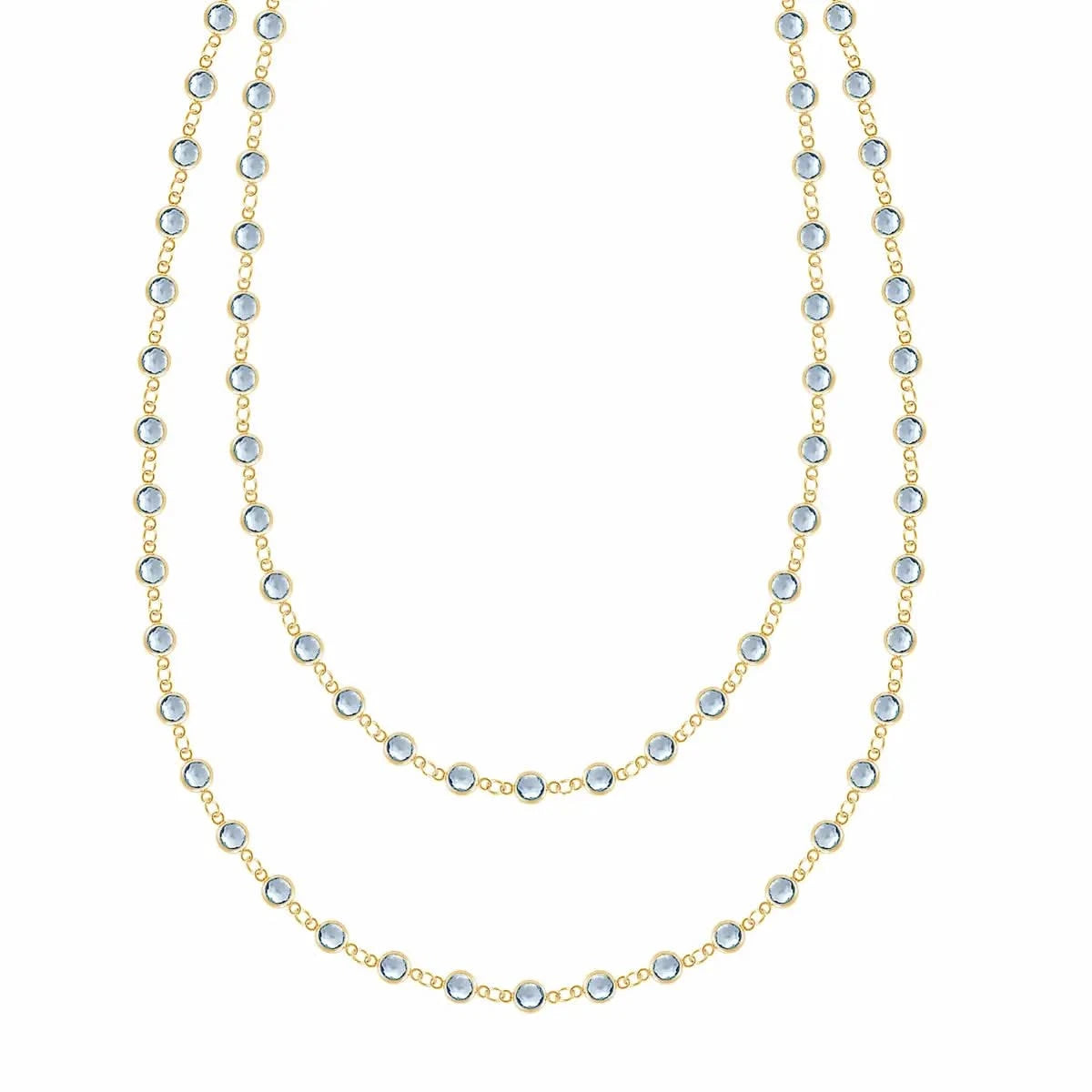 Newport Wrap necklace featuring 4 mm briolette cut aquamarines bezel set in 14k yellow gold - front view