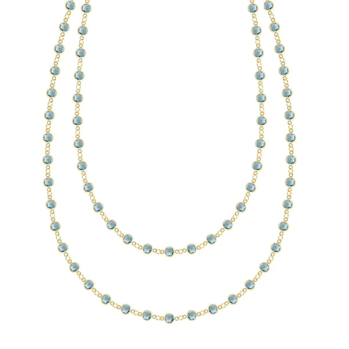 Newport Wrap necklace featuring 4 mm briolette cut Nantucket blue topaz bezel set in 14k yellow gold - front view