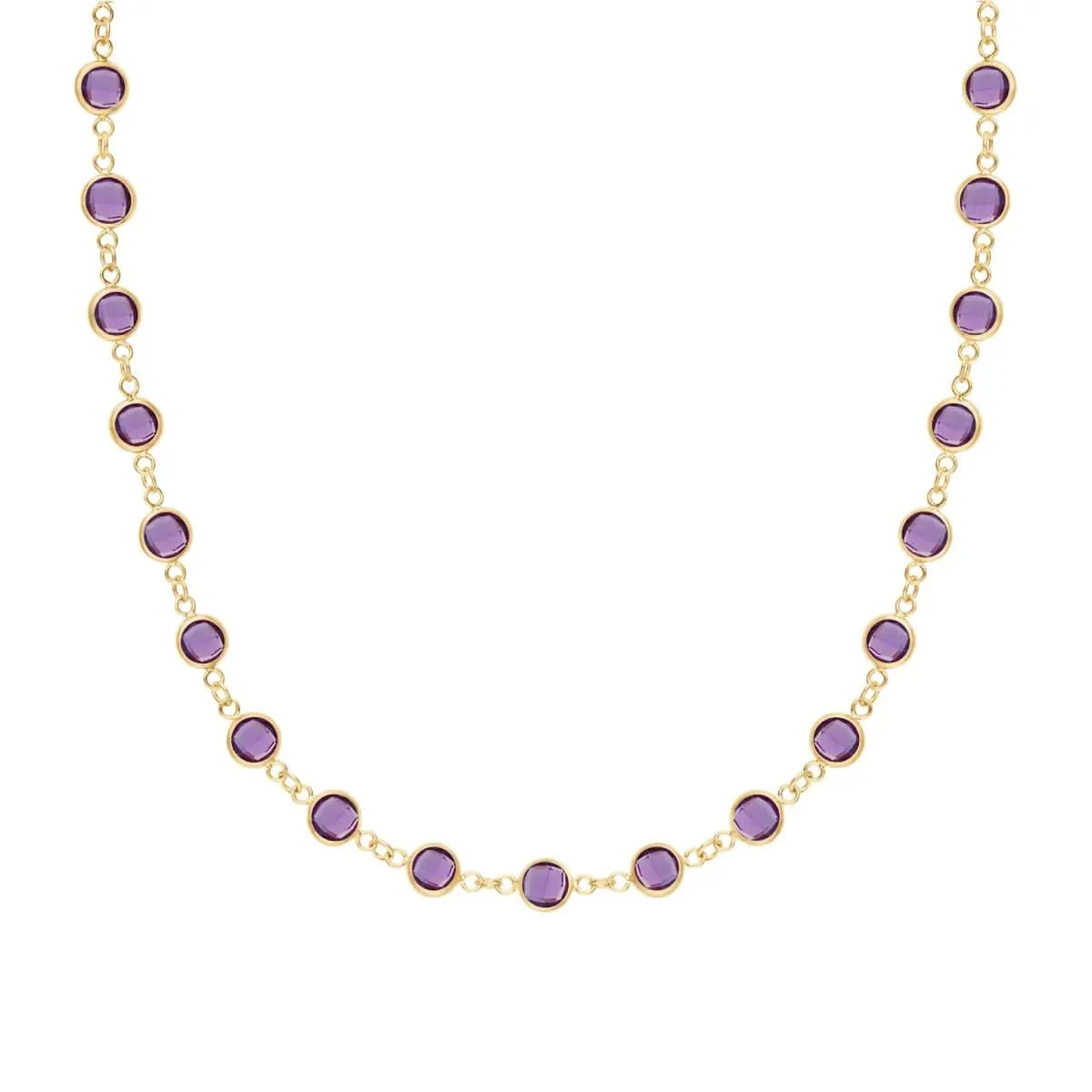 Newport necklace with nineteen 4mm briolette cut amethysts bezel set in 14k yellow gold - front view.