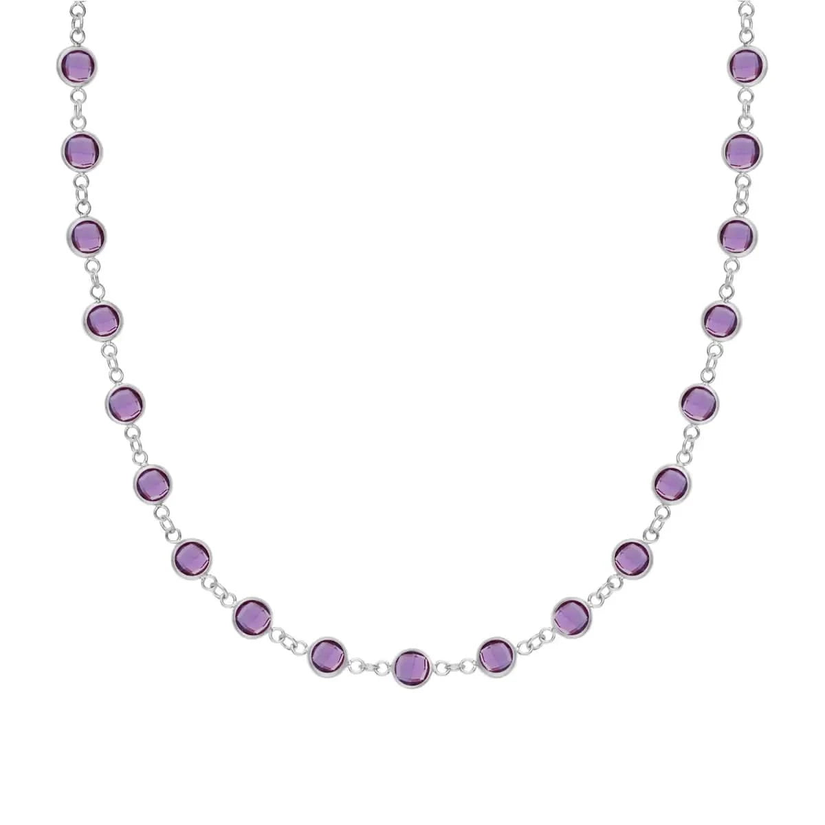 Newport necklace with nineteen 4mm briolette cut amethysts bezel set in 14k white gold - front view.