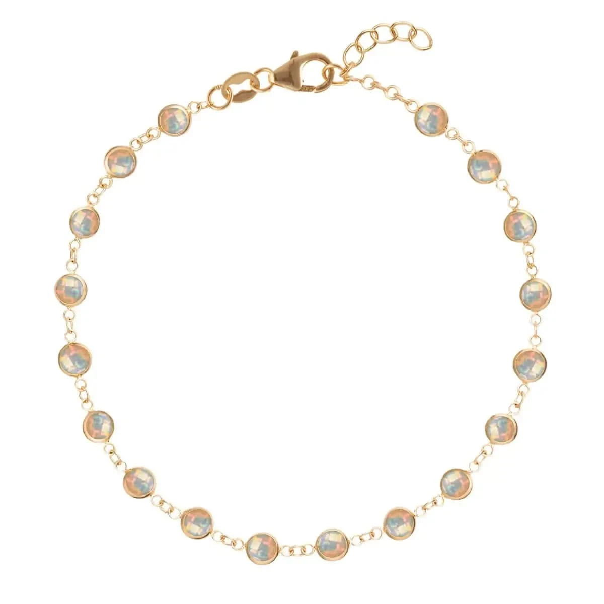 Newport 14k yellow gold bracelet featuring eighteen 4 mm briolette cut bezel set opals - front view