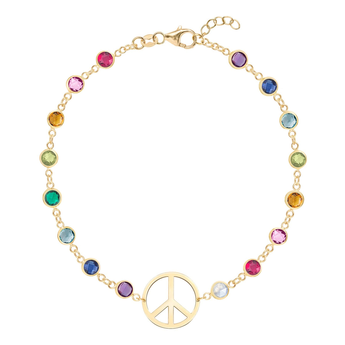 Rainbow Large Peace Sign Newport Bracelet in 14k Gold