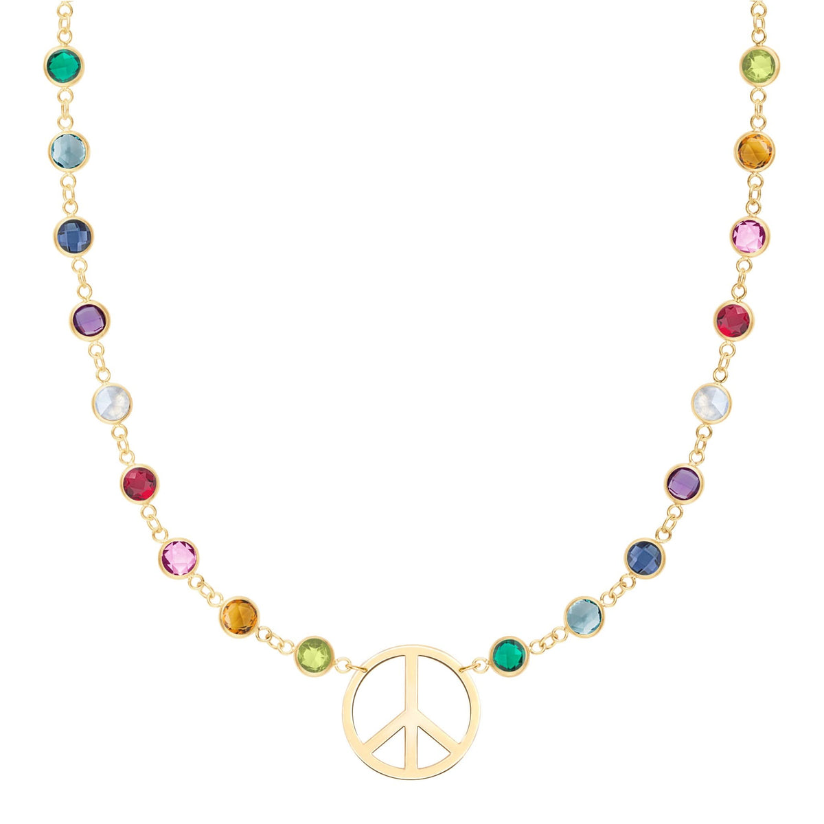 Rainbow Large Peace Sign Newport Necklace in 14k Gold