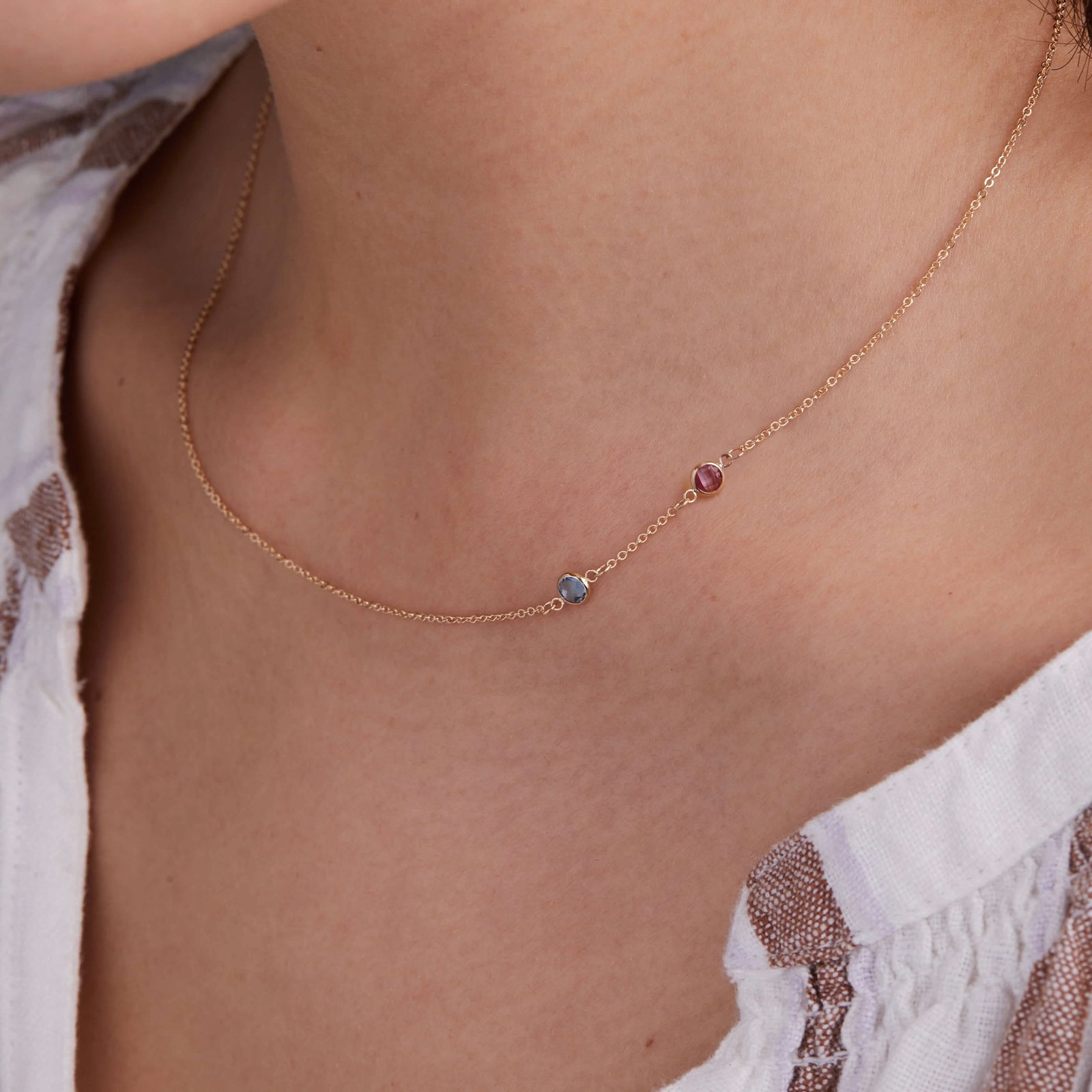 Petite 2 Birthstone Necklace in 14k Gold