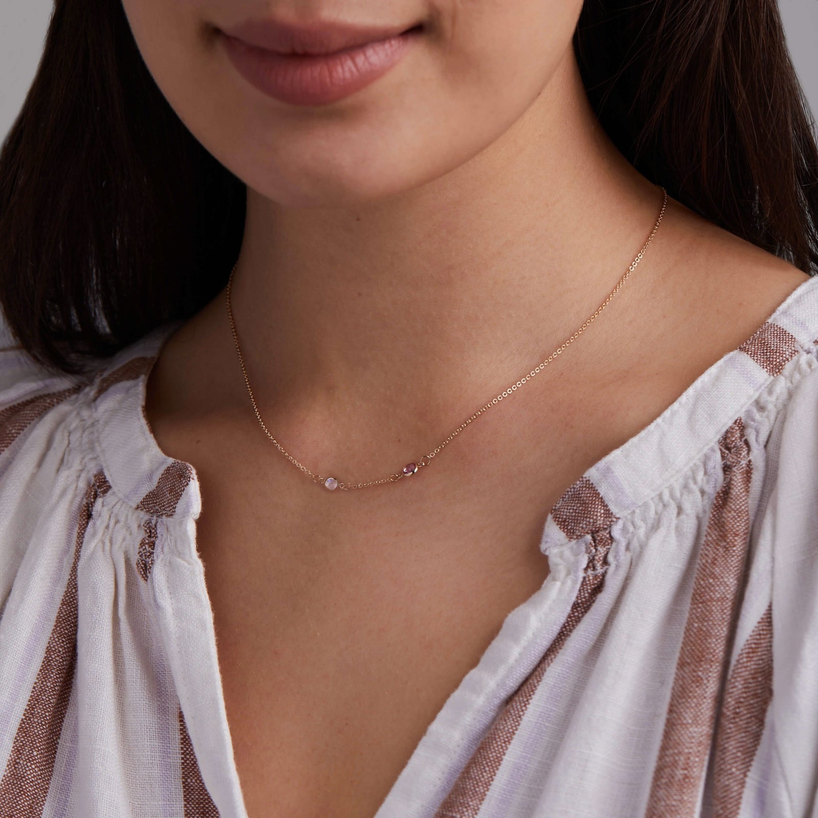 Petite 2 Birthstone Necklace in 14k Gold (Centered)