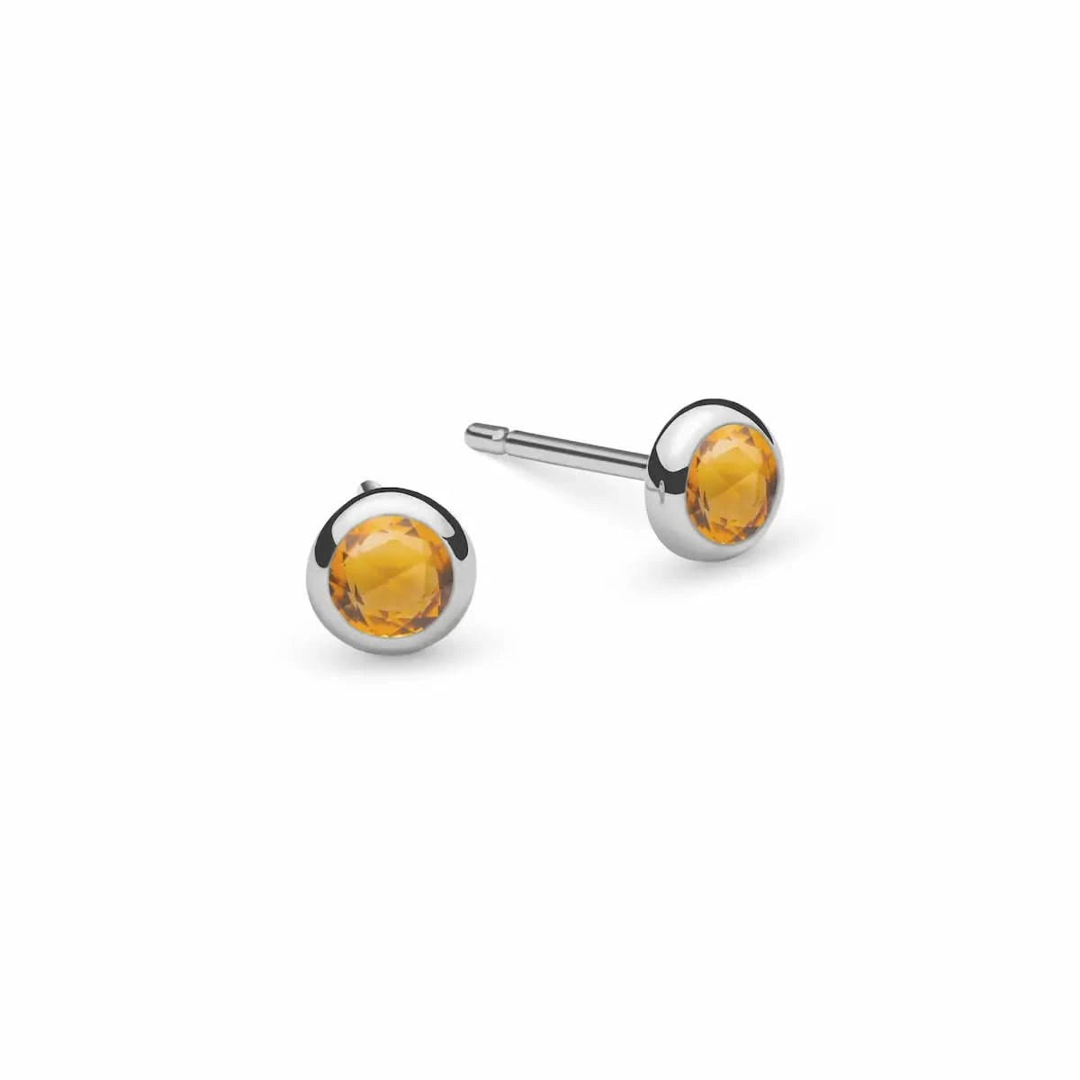 Pair of Birthstone Stud Earrings featuring 4 mm briolette cut Citrines bezel set in 14k white gold - front view