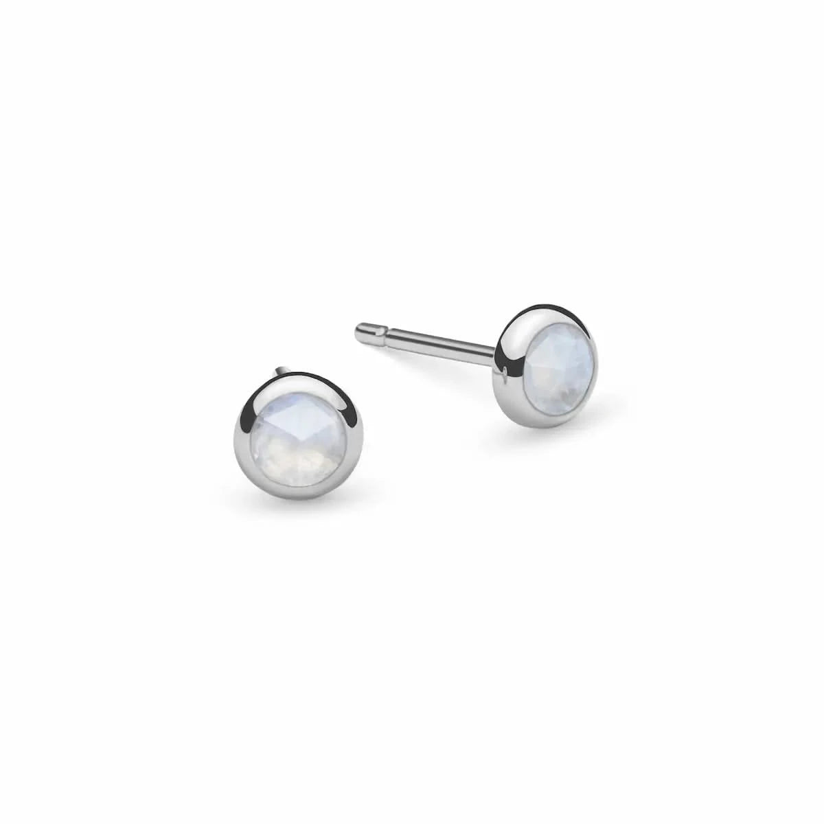 Pair of Birthstone Stud Earrings featuring 4 mm briolette cut Moonstone bezel set in 14k white gold - front view