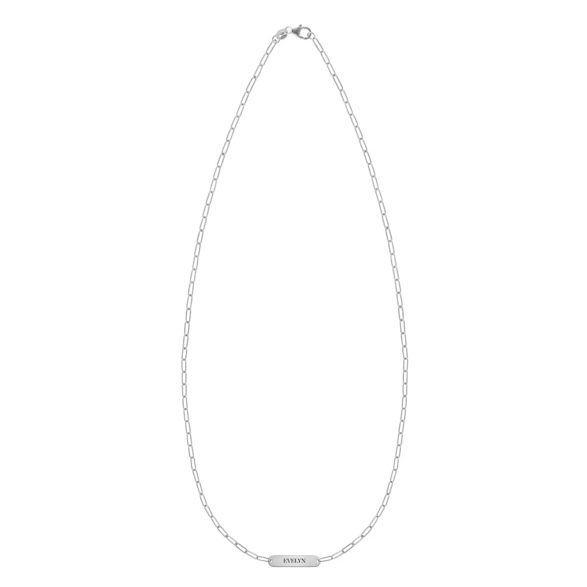20" Adelaide Mini necklace in solid 14k white gold, featuring one petite nameplate engraved with the name Evelyn.