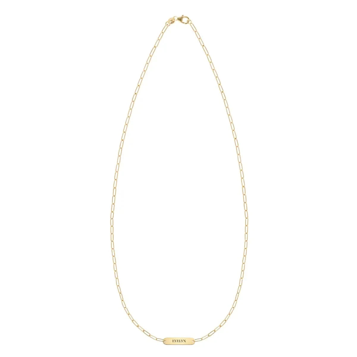 20" Adelaide Mini necklace in solid 14k yellow gold, featuring one petite nameplate engraved with the name Evelyn.