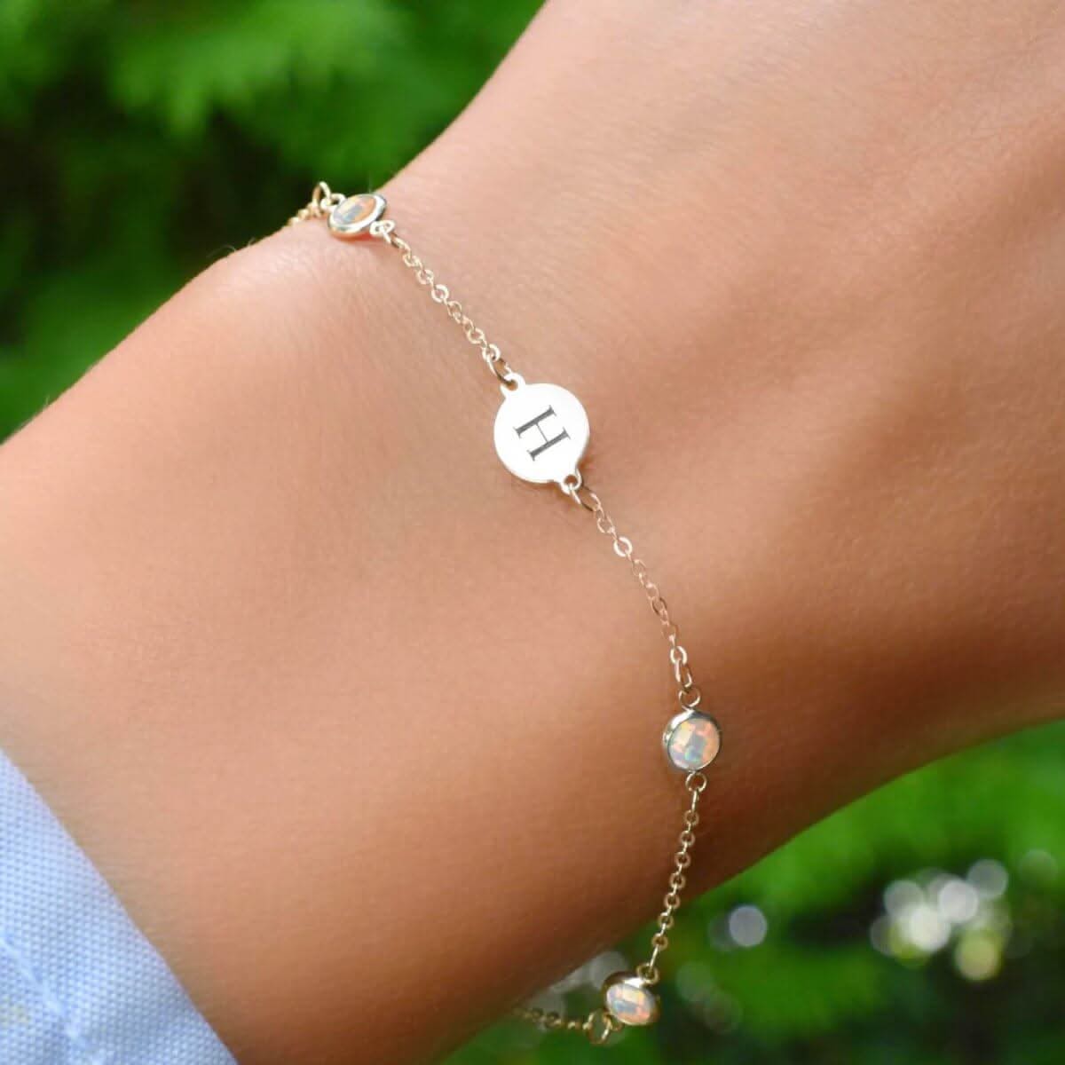 1 Letter & 4 Petite Opal Bracelet in 14k Gold (October)