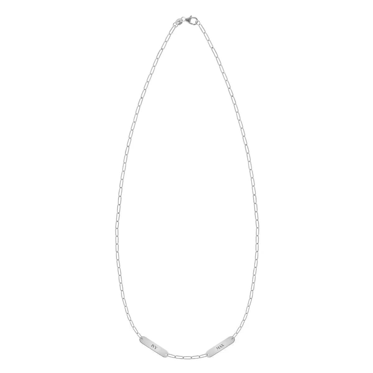 20" 14k white gold necklace featuring two 16.33 x 3.72 mm petite engraved nameplates reading ‘MAX’ and ‘IVY’ on Adelaide Mini chain.