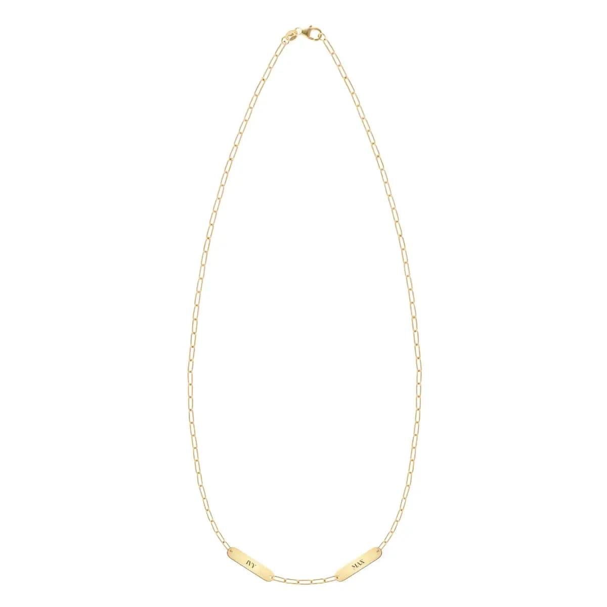 20" 14k yellow gold necklace featuring two 16.33 x 3.72 mm petite engraved nameplates reading ‘MAX’ and ‘IVY’ on Adelaide Mini chain.