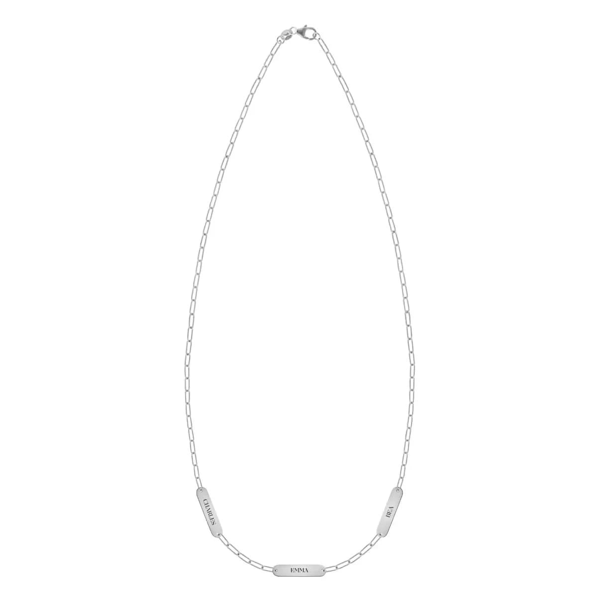 20" 14k white gold Adelaide Mini necklace with three 16.33 x 3.72 mm flat engraved nameplates personalized with Charles, Emma, and Bea.