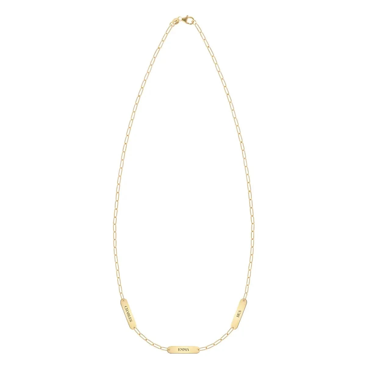 20" 14k yellow gold Adelaide Mini necklace with three 16.33 x 3.72 mm flat engraved nameplates personalized with Charles, Emma, and Bea.