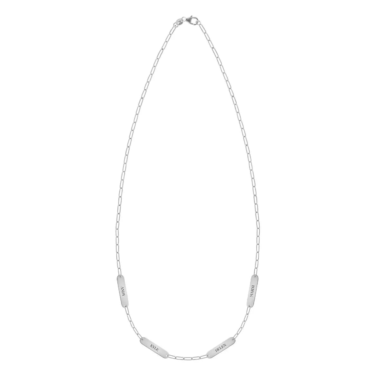 20" 14k white gold Adelaide Mini necklace with four 16.33 x 3.72 mm engraved nameplates personalized with Andy, Kyle, Helen, and Marni.