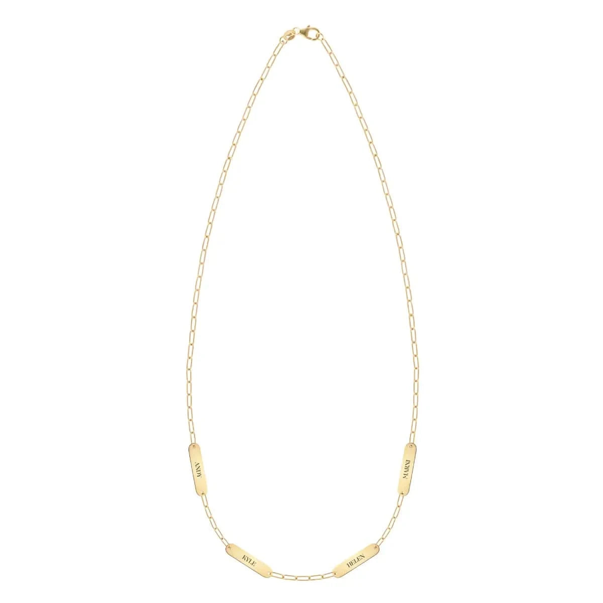 20" 14k yellow gold Adelaide Mini necklace with four 16.33 x 3.72 mm engraved nameplates personalized with Andy, Kyle, Helen, and Marni.