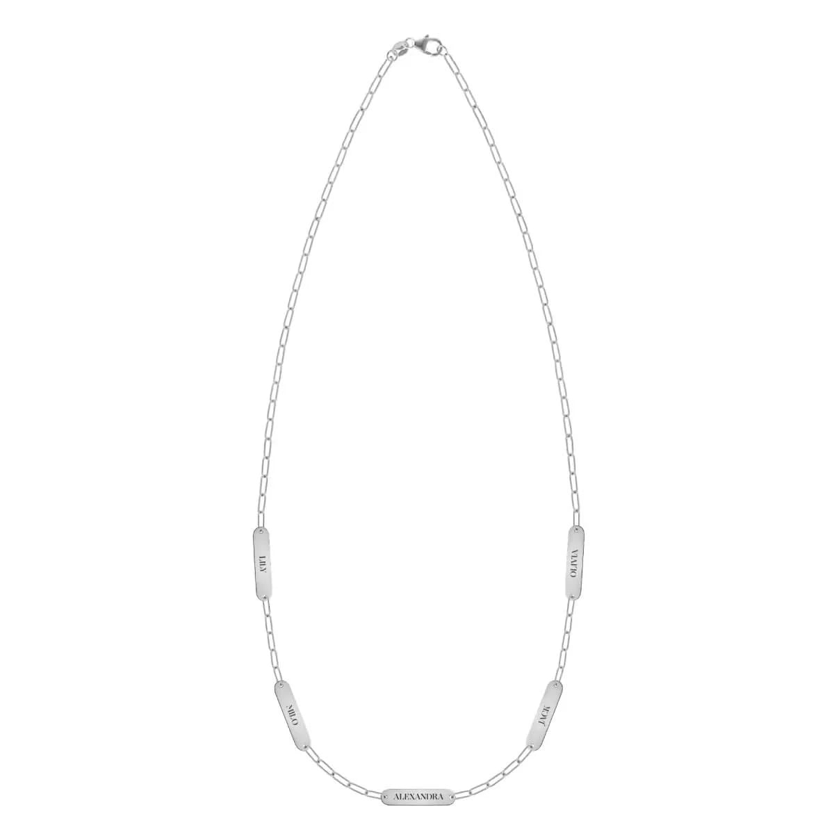 20" 14k white gold Adelaide Mini necklace with five 16.33 x 3.72 mm engraved nameplates personalized with Lily, Milo, Alexandra, Jack, and Olivia.