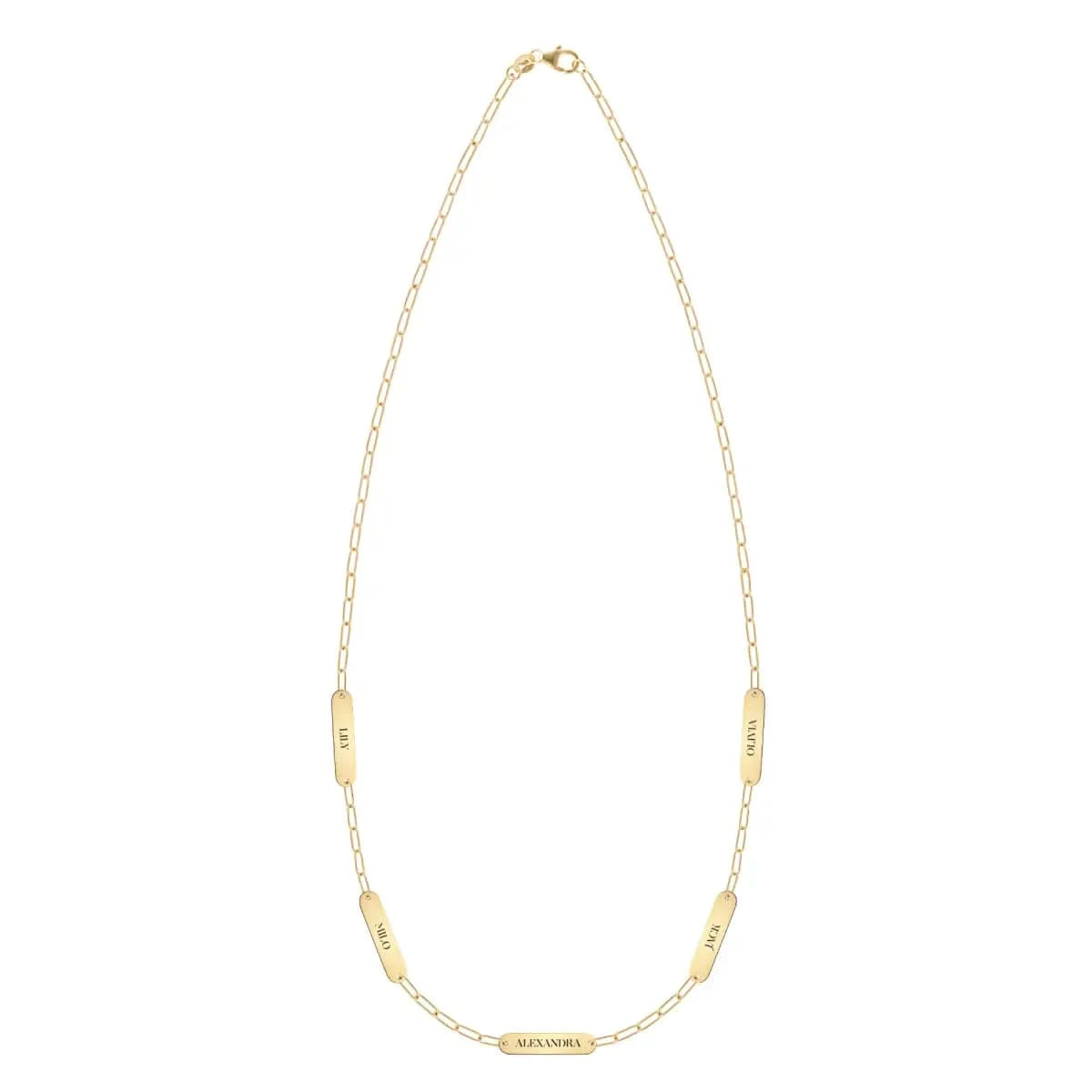 20" 14k yellow gold Adelaide Mini necklace with five 16.33 x 3.72 mm engraved nameplates personalized with Lily, Milo, Alexandra, Jack, and Olivia.