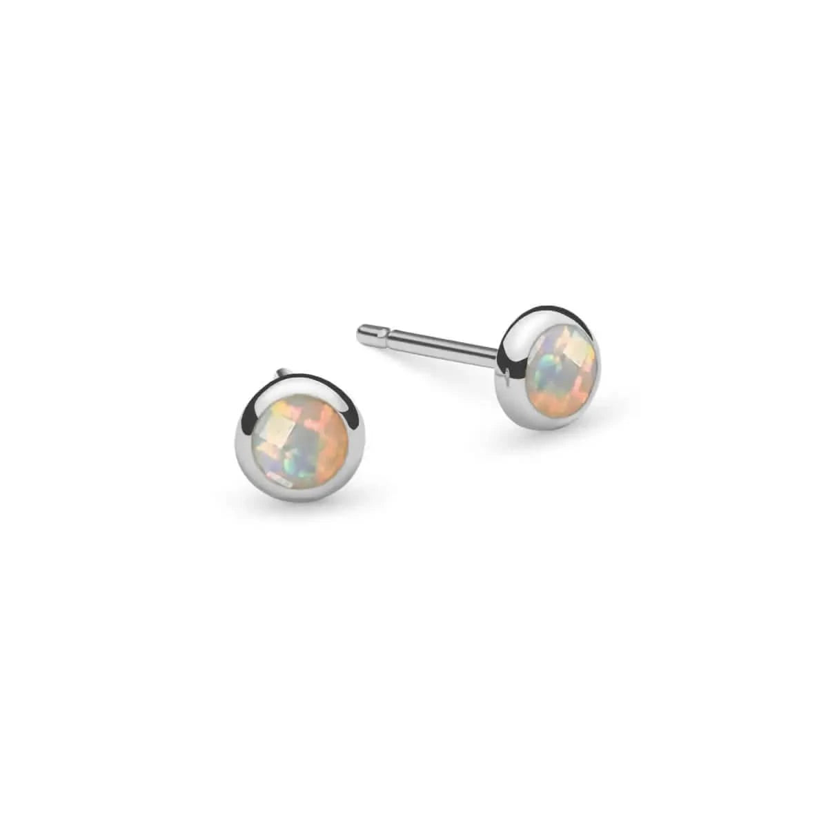 Pair of Birthstone Stud Earrings featuring 4 mm briolette cut Opals bezel set in 14k white gold - front view
