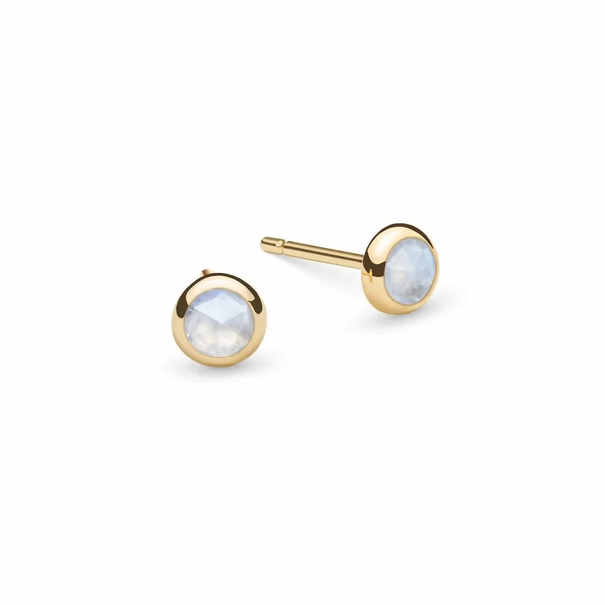 Pair of Birthstone Stud Earrings featuring 4 mm briolette cut Moonstone bezel set in 14k yellow gold - front view