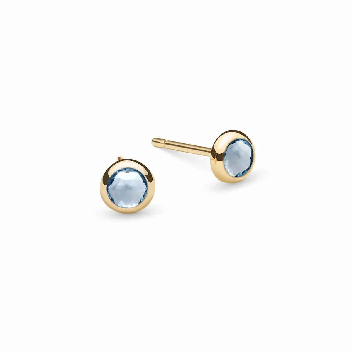 Pair of Birthstone Stud Earrings featuring 4 mm briolette cut Aquamarine bezel set in 14k yellow gold - front view
