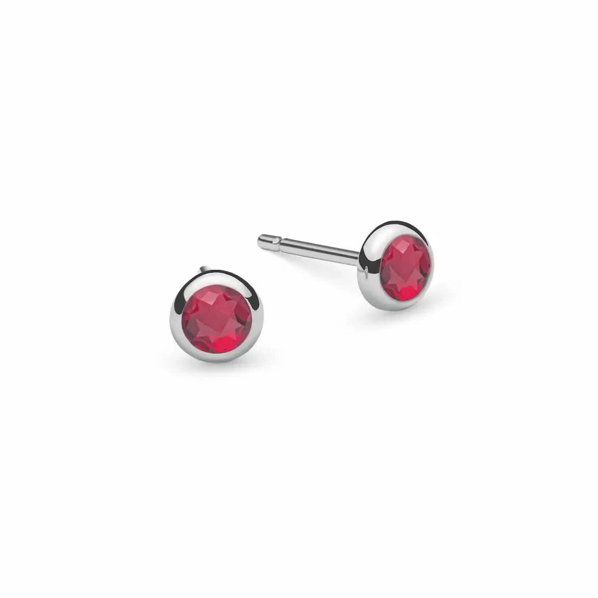 Pair of Birthstone Stud Earrings featuring 4 mm briolette cut Rubies bezel set in 14k white gold - front view