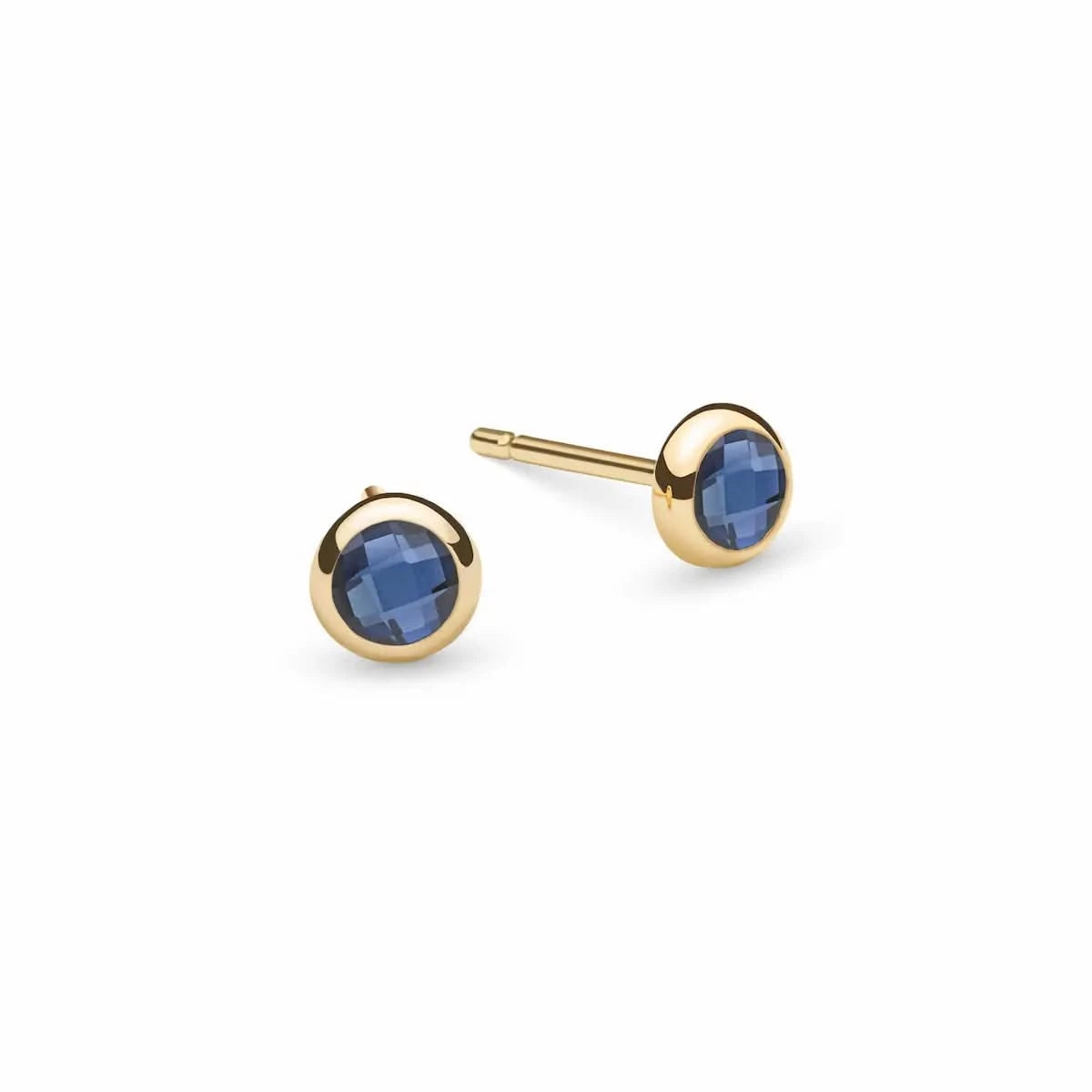 Pair of Birthstone Stud Earrings featuring 4 mm briolette cut Sapphires bezel set in 14k yellow gold - front view