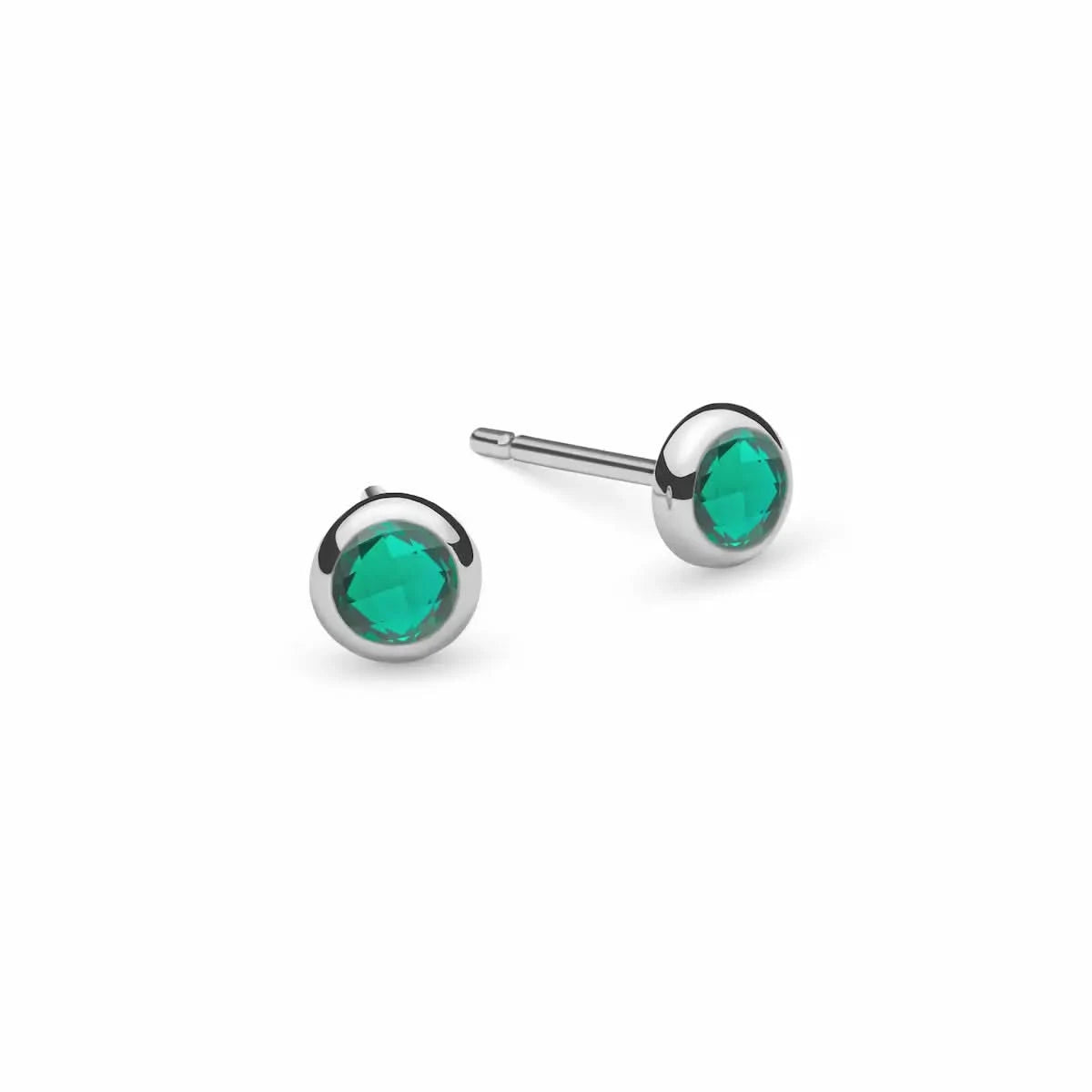 Pair of Birthstone Stud Earrings featuring 4 mm briolette cut Emerald bezel set in 14k white gold - front view