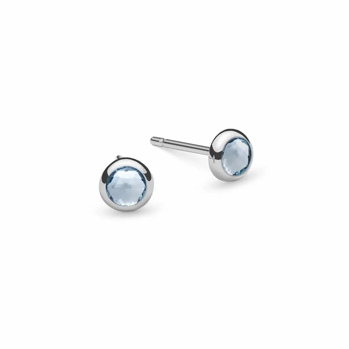 Pair of Birthstone Stud Earrings featuring 4 mm briolette cut Aquamarine bezel set in 14k yellow gold - front view