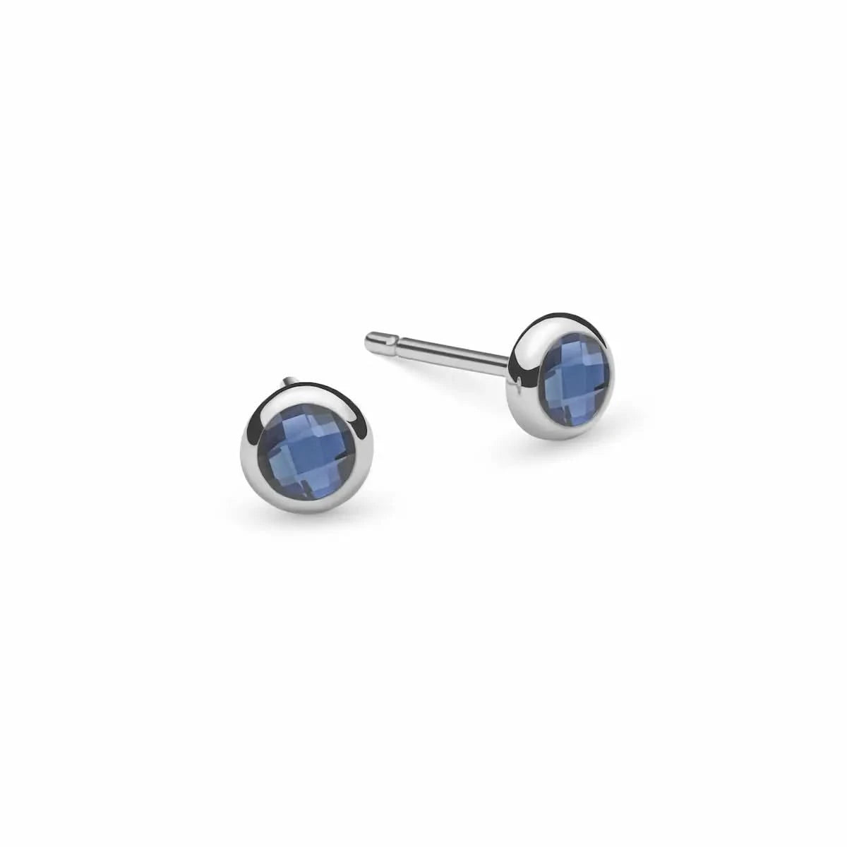 Pair of Birthstone Stud Earrings featuring 4 mm briolette cut Sapphires bezel set in 14k white gold - front view