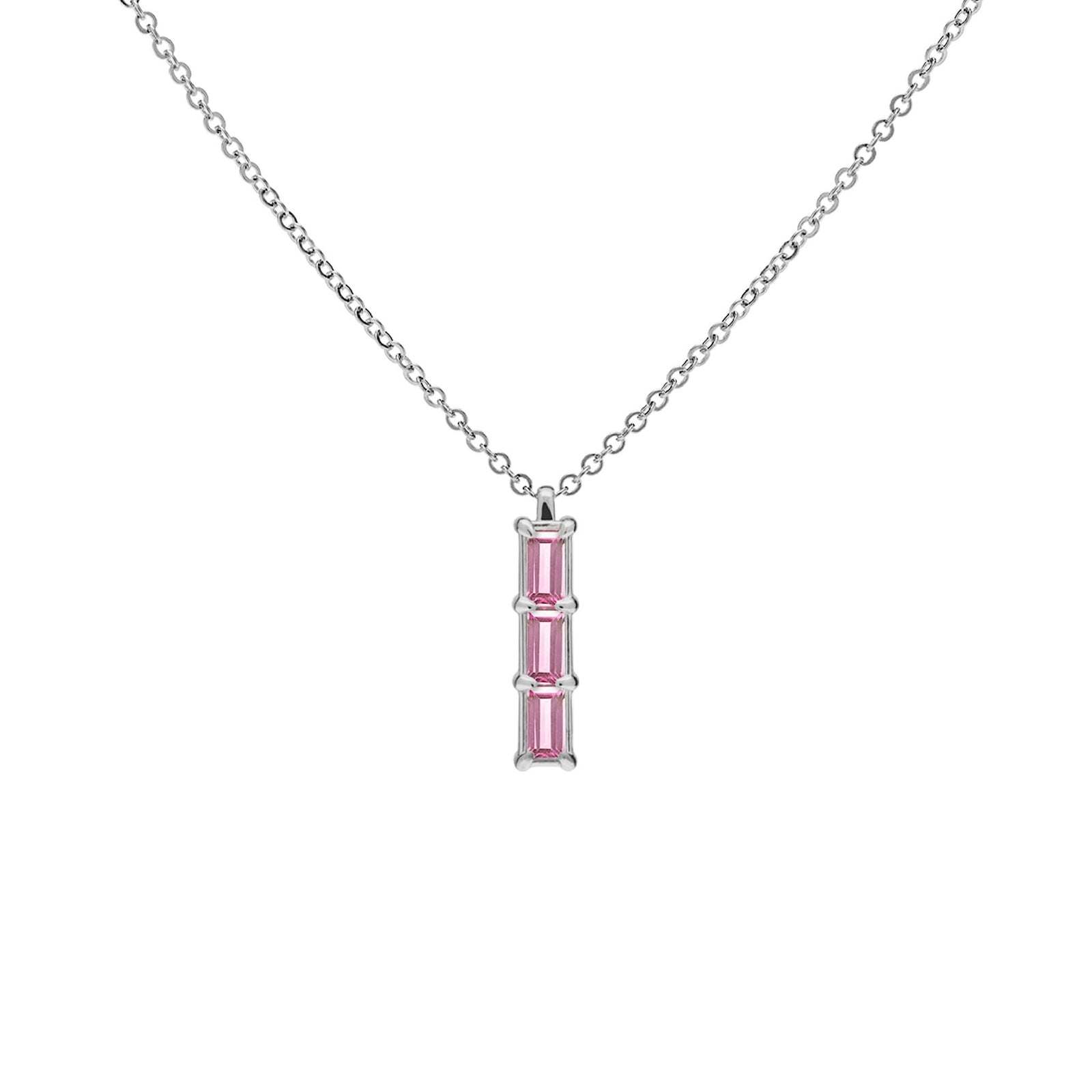 Providence Pink Sapphire vertical bar pendant featuring 3 petite baguette stones set in 14k white gold