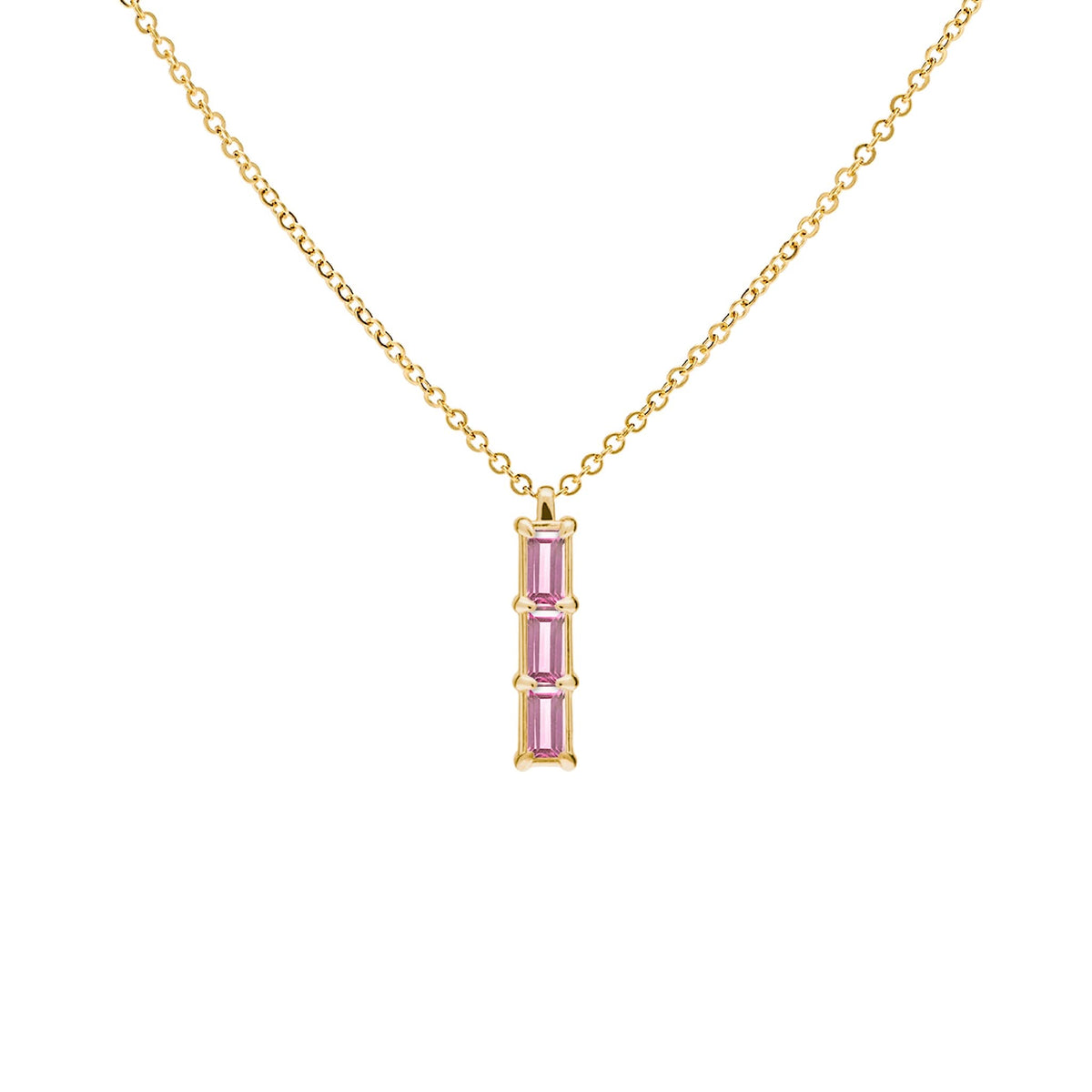 Providence Pink Sapphire vertical bar pendant featuring 3 petite baguette stones set in 14k yellow gold - front view