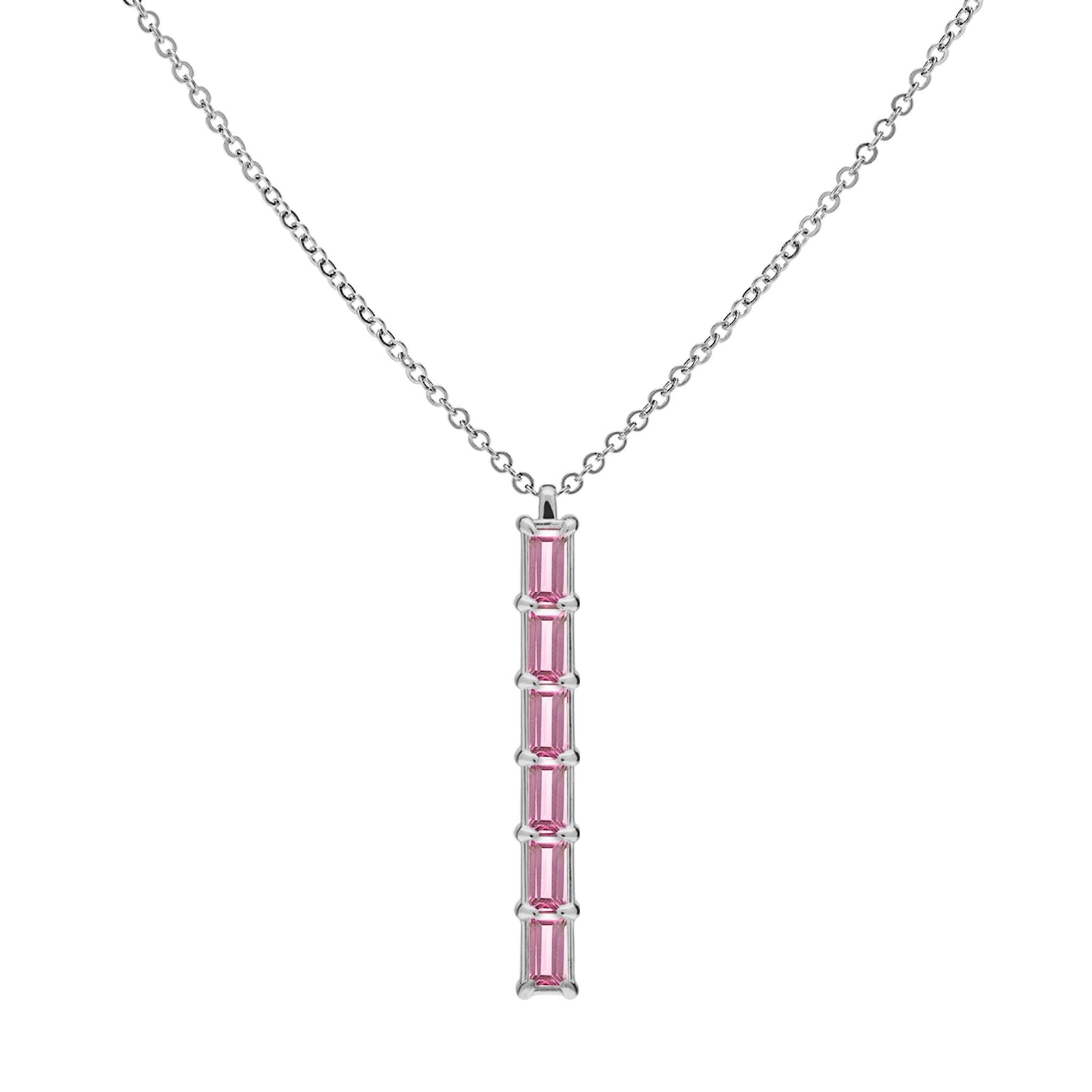 Providence vertical bar pendant featuring 6 petite Pink Sapphire baguette stones set in 14k white gold