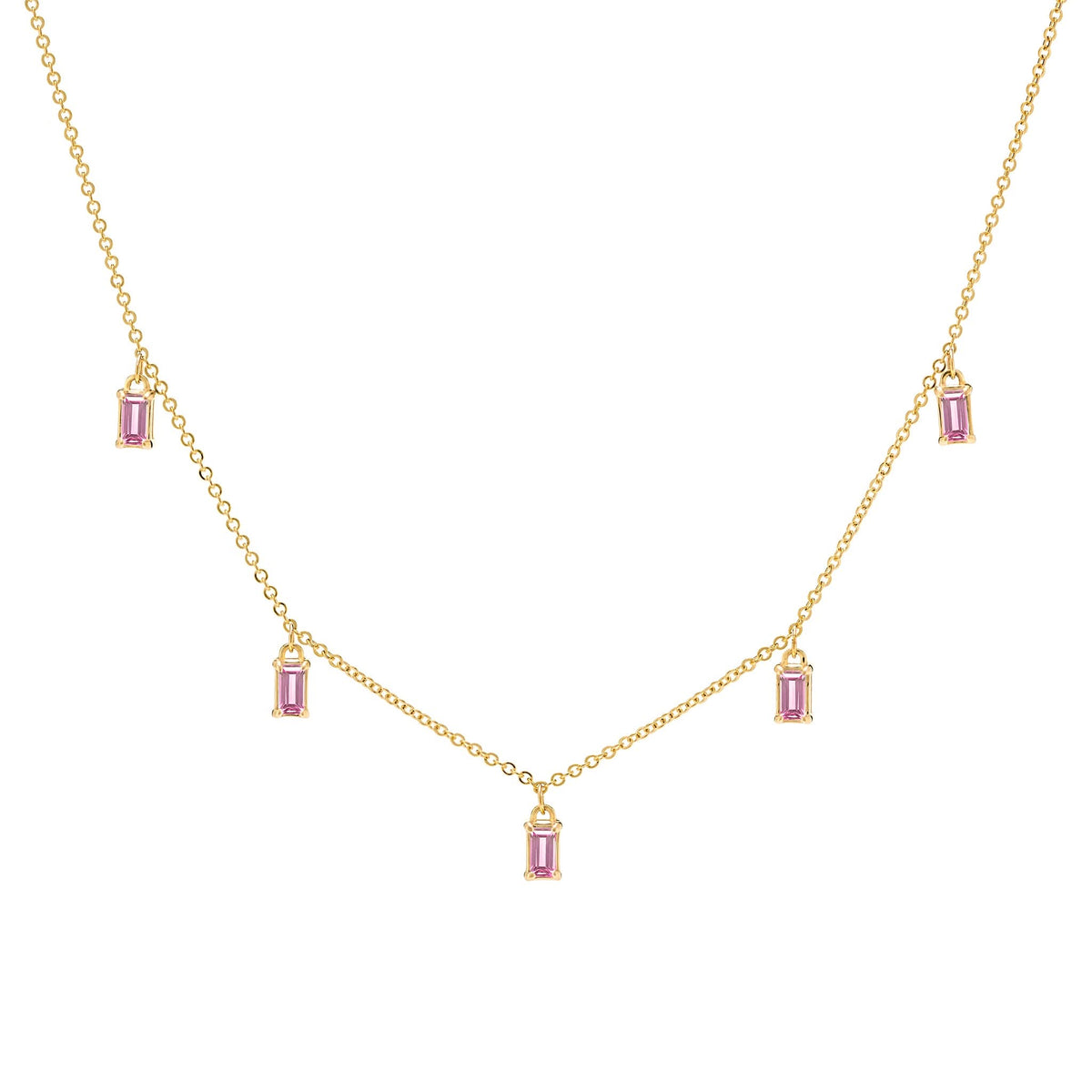 Providence 5 Pink Sapphire drop necklace with petite baguette cut stones set in 14k yellow gold - front view