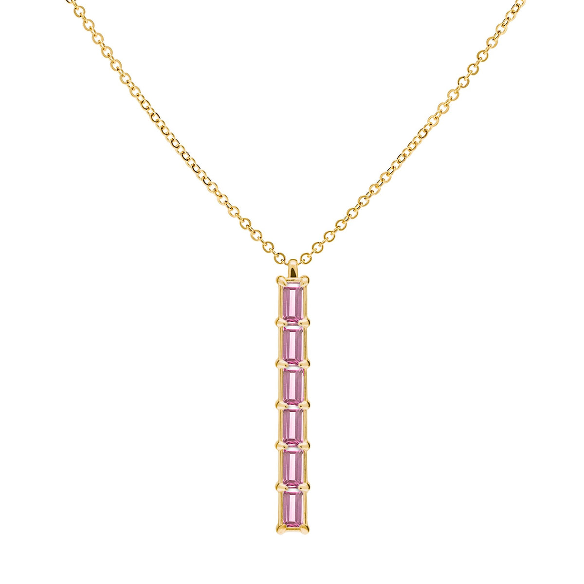 Providence vertical bar pendant featuring 6 petite Pink Sapphire baguette stones set in 14k yellow gold - front view