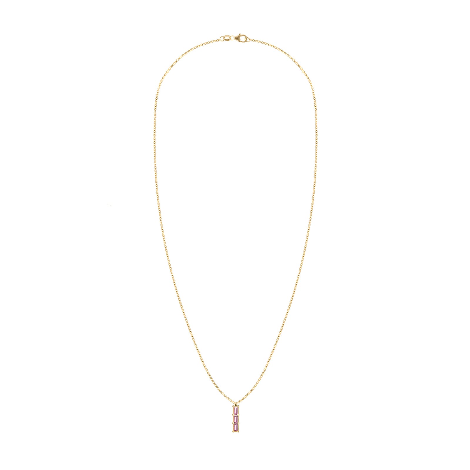 Providence Pink Sapphire vertical bar pendant necklace featuring 3 petite baguette stones set in 14k yellow gold