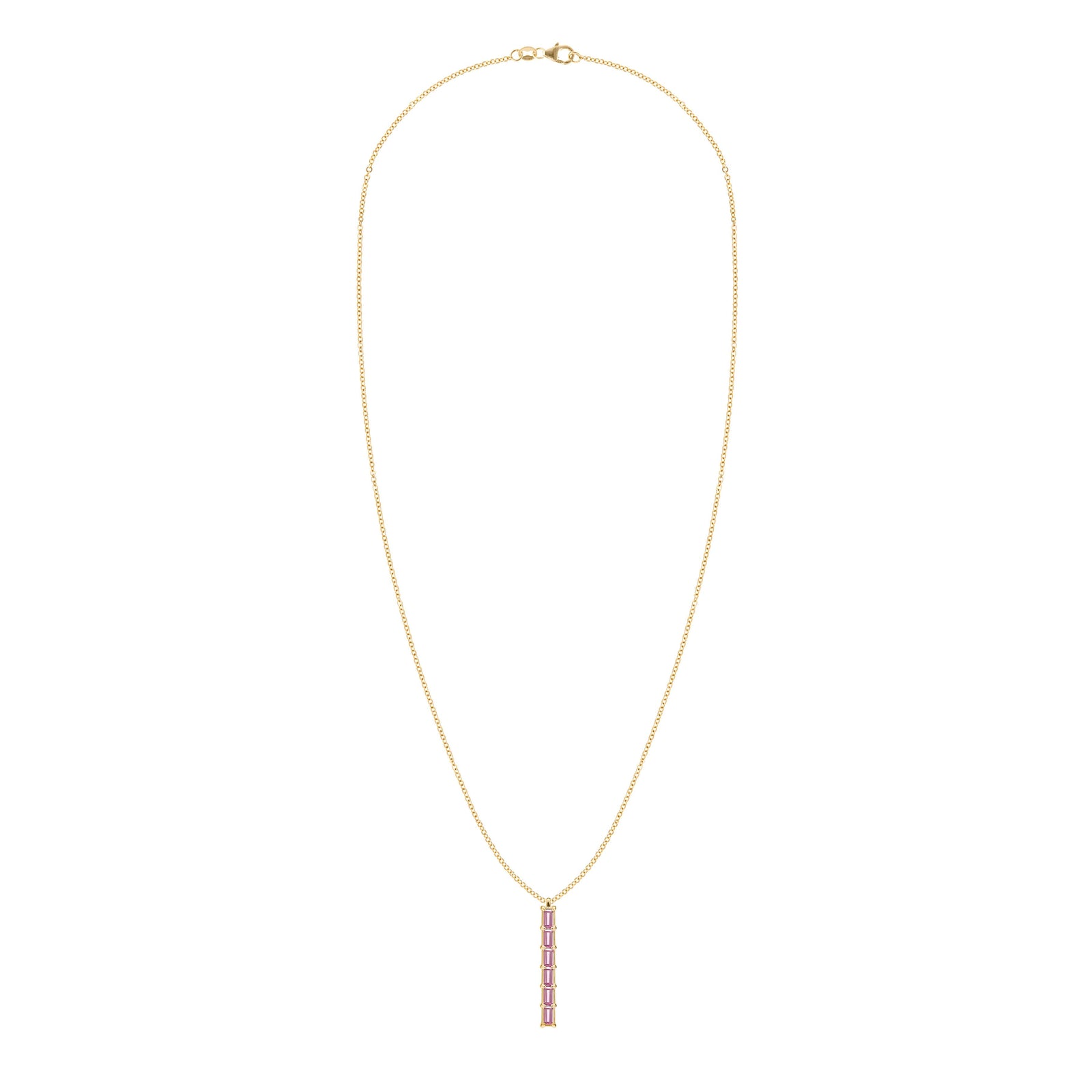 Providence vertical bar pendant necklace featuring 6 petite Pink Sapphire baguette stones set in 14k yellow gold
