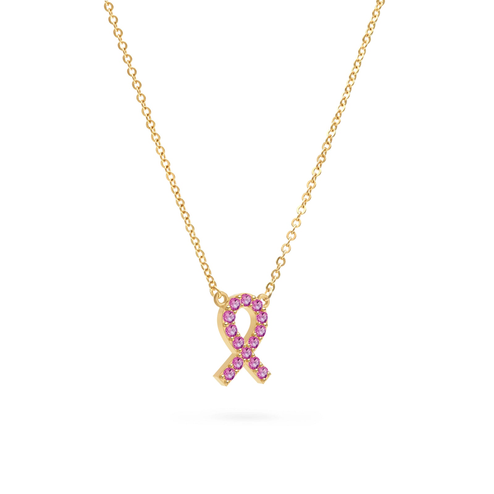 Pink Awareness Pave Ribbon Necklace in 14k Gold