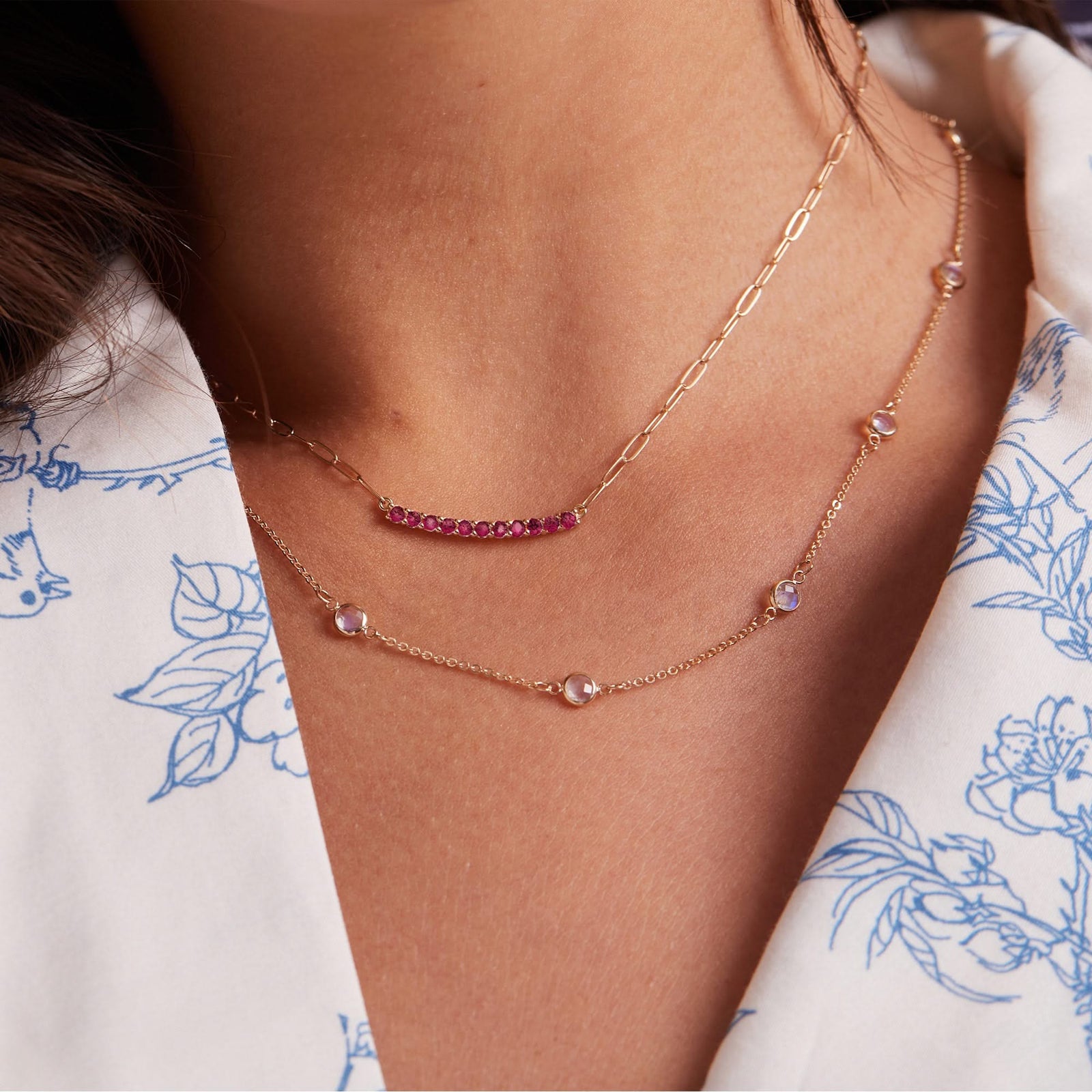 Rosecliff Ruby Bar Adelaide Mini Necklace in 14k Gold (July)